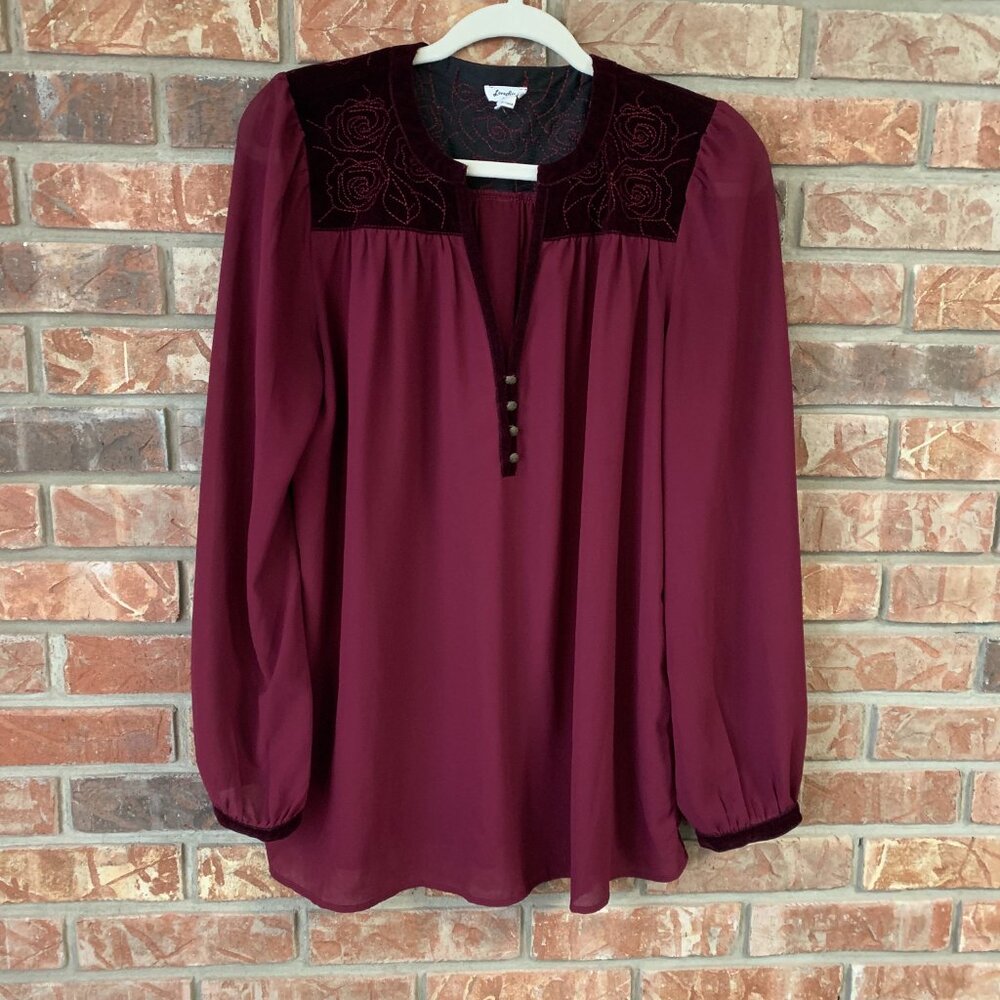 Love Riche Maroon Large Long Sleeve Floral Velvet Detail Plunge Neck Blouse EUC - Picture 2 of 14